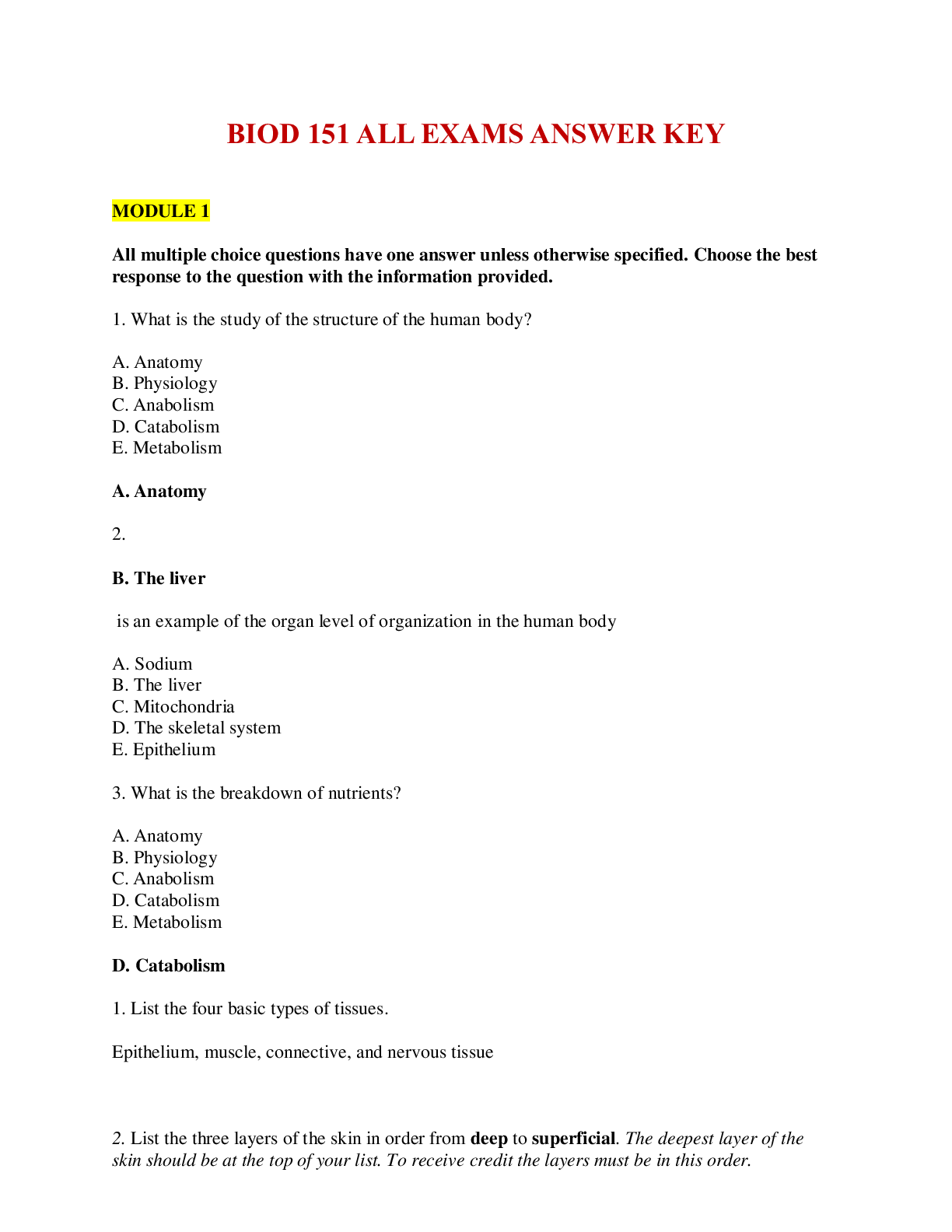 Preview image of BIOD 151 ALL EXAMS ANSWER KEY - PORTAGE LEARNING document